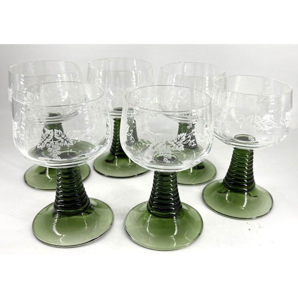 Schott Zwiesel Green Stem Etched Wine Glasses Set of 6 Vintage German Crystal